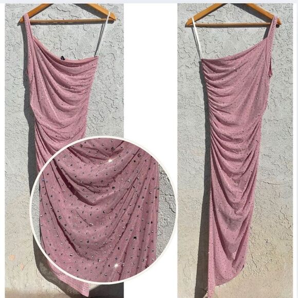 Blush Pink Bedazzled Maxi Dress SZ SM One-Shoulder Ruched Y2K Glam Gown Windsor - Picture 1 of 5